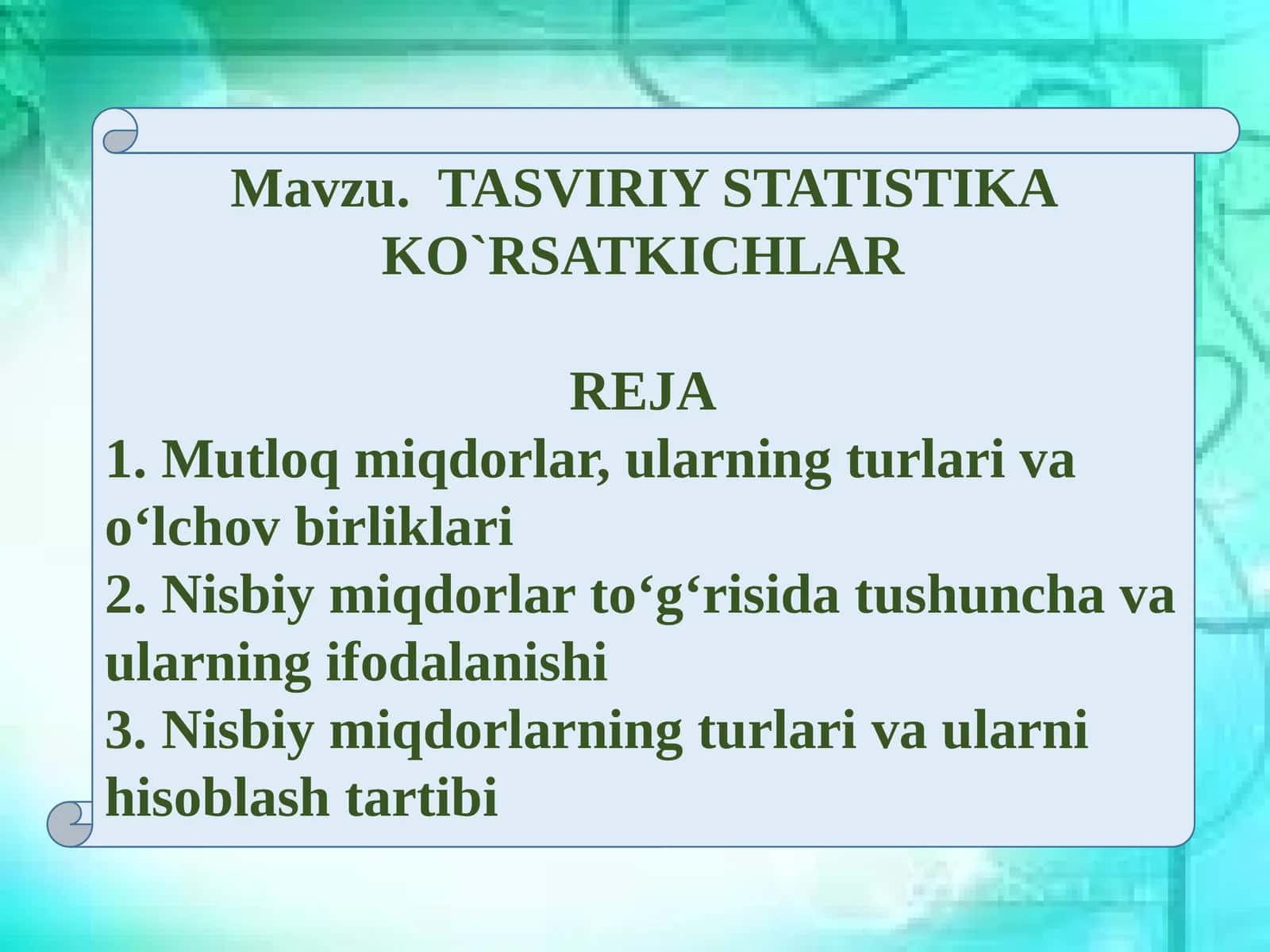 TASVIRIY STATISTIKA KO`RSATKICHLAR
