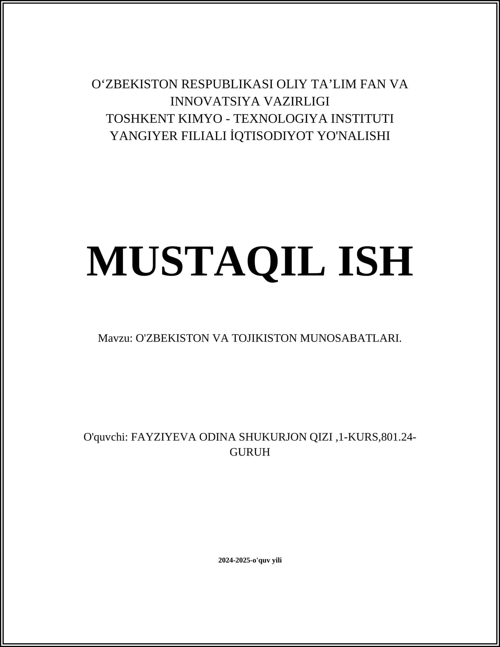 O'ZBEKISTON VA TOJIKISTON MUNOSABATLARI