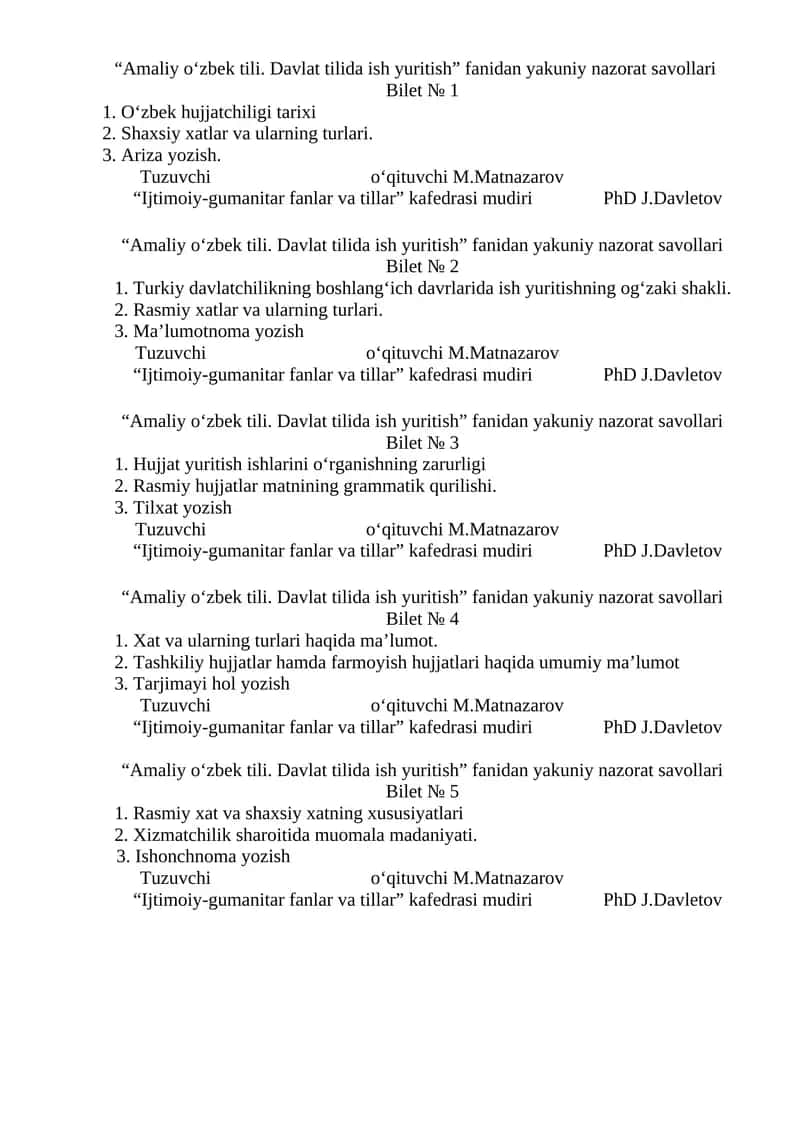 Amaliy o‘zbek tili. Davlat tilida ish yuritish