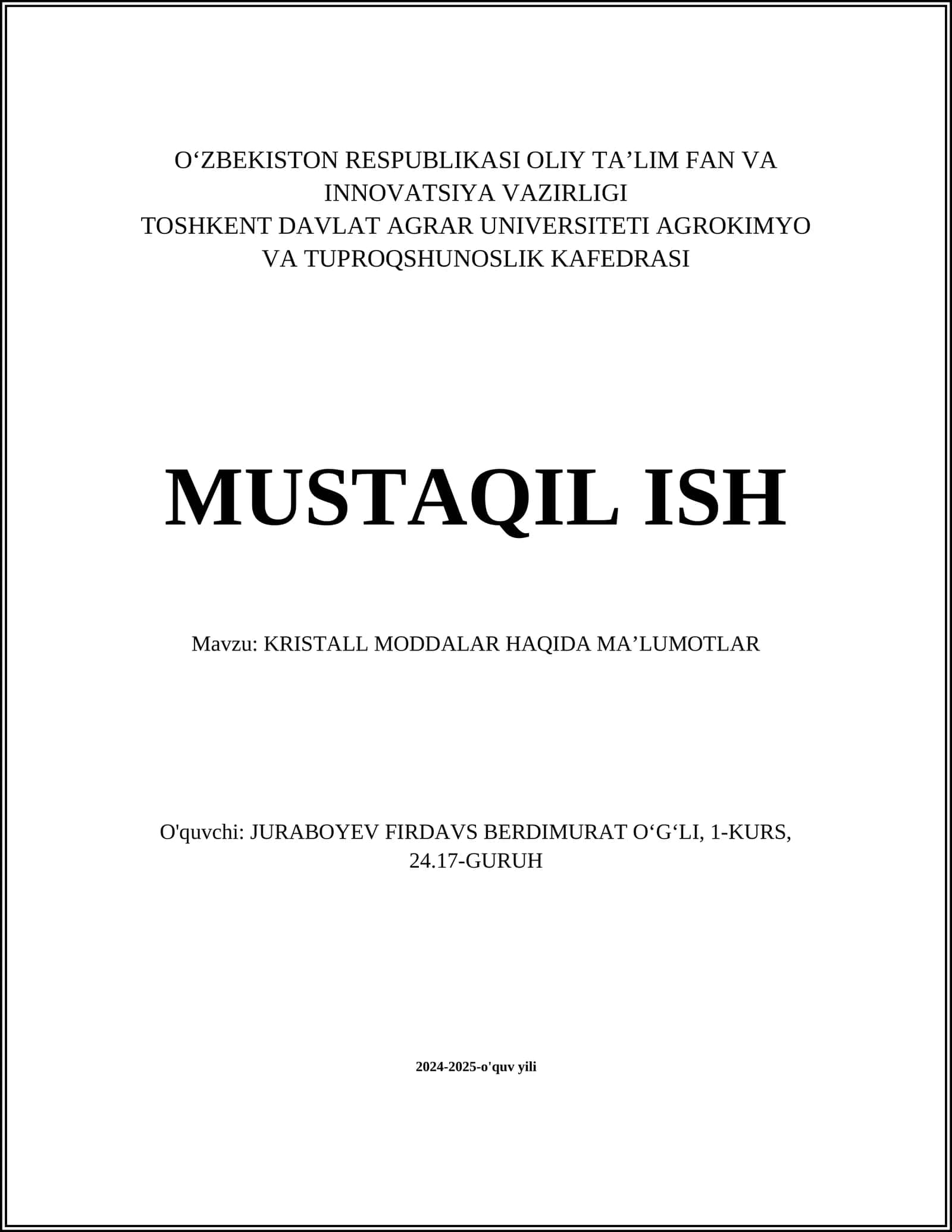 KRISTALL MODDALAR HAQIDA MAʼLUMOTLAR