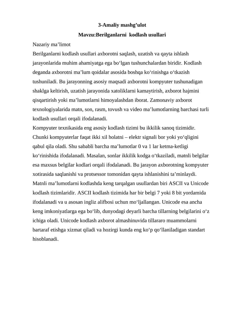 Berilganlarni kodlash usullari