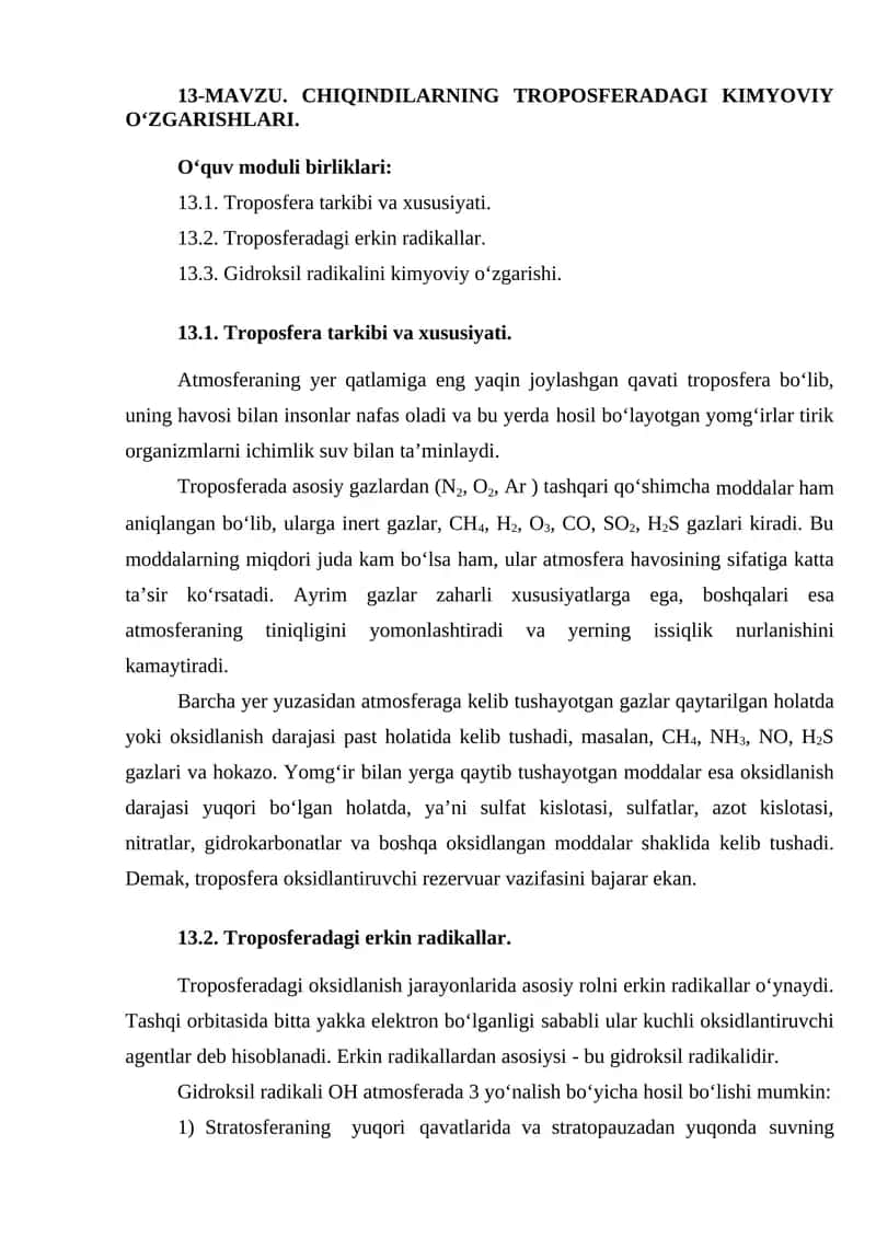 13-mavzu. Chiqindilarning troposferadagi kimyoviy o‘zgarishlari
