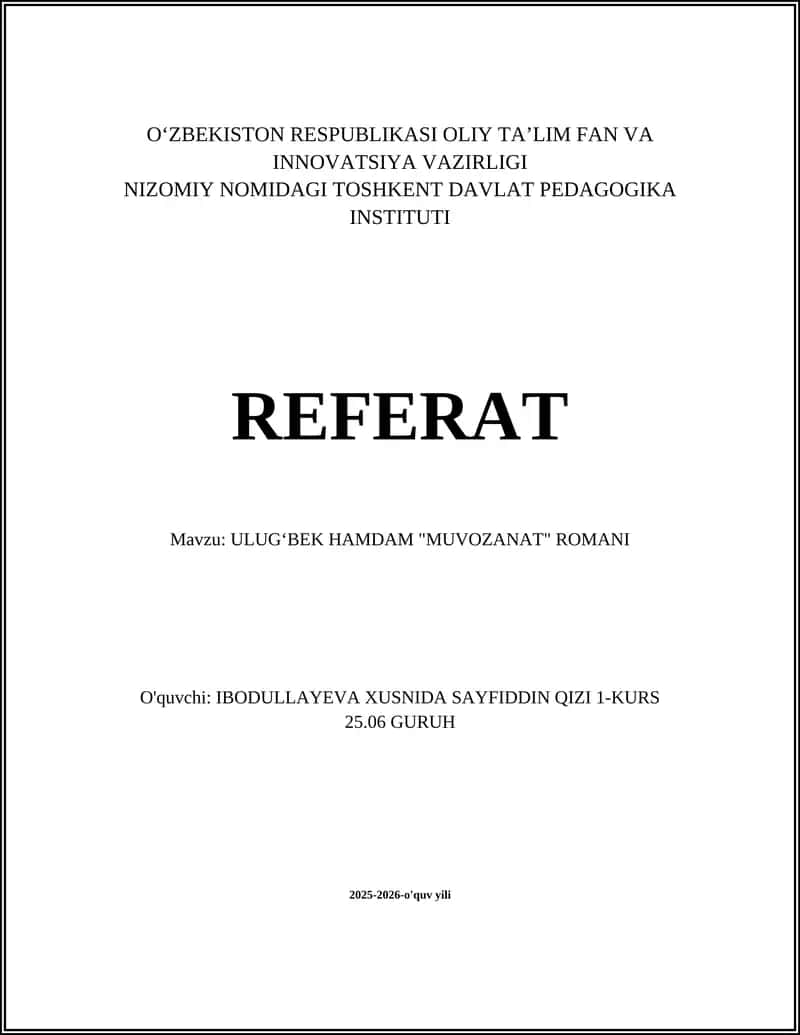ULUGʻBEK HAMDAM "MUVOZANAT" ROMANI
