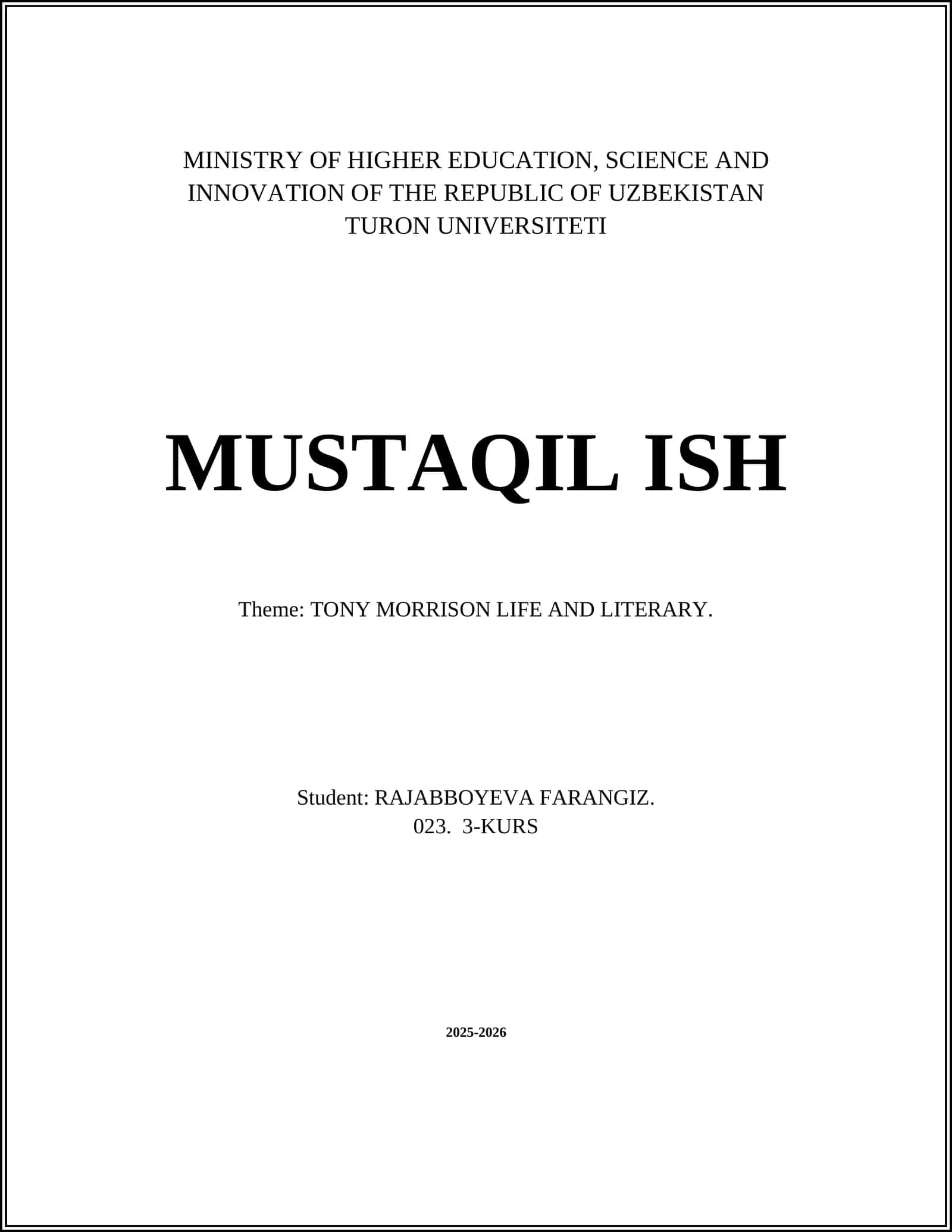 TONY MORRISON LIFE AND LITERARY