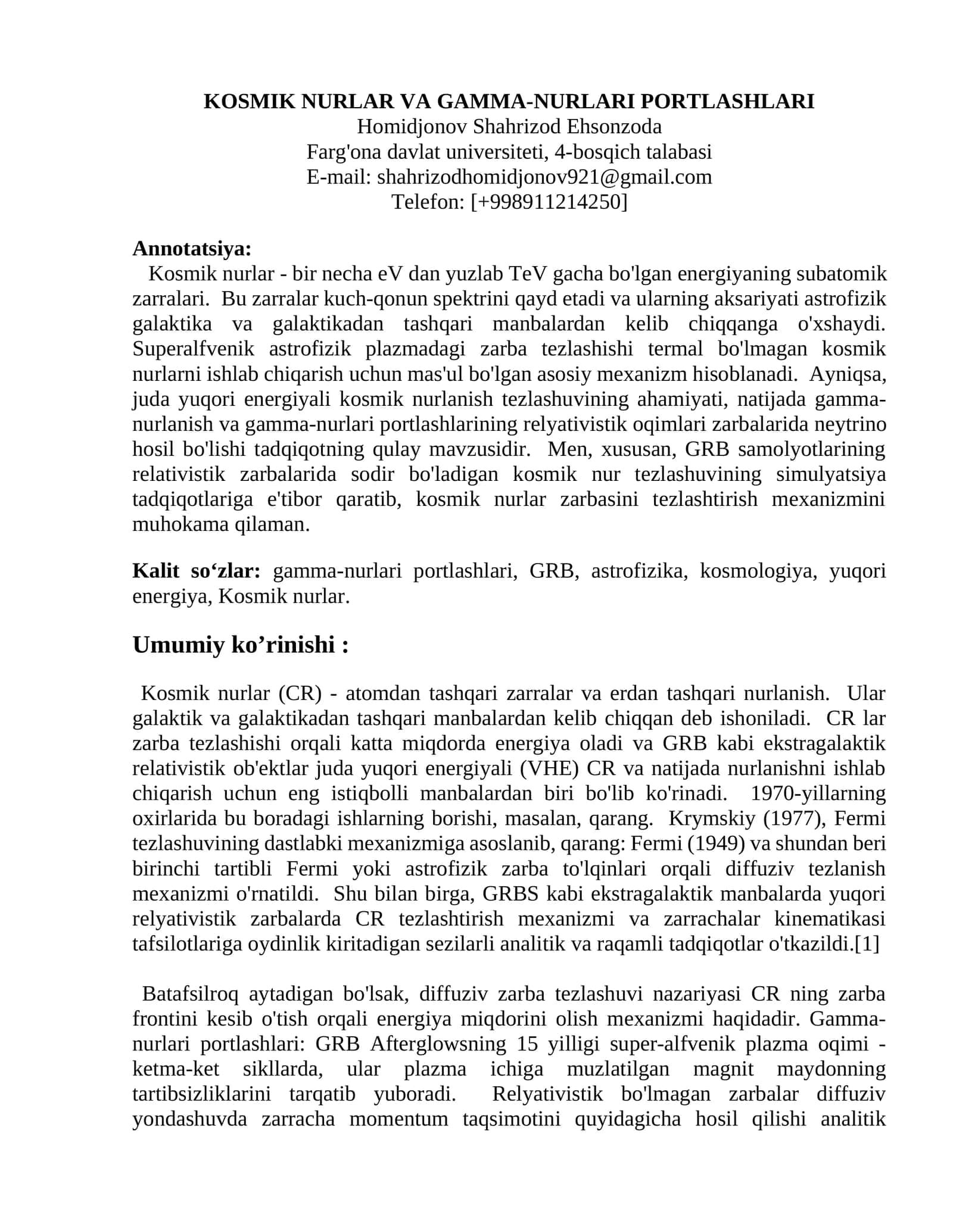 KOSMIK NURLAR VA GAMMA-NURLARI PORTLASHLARI