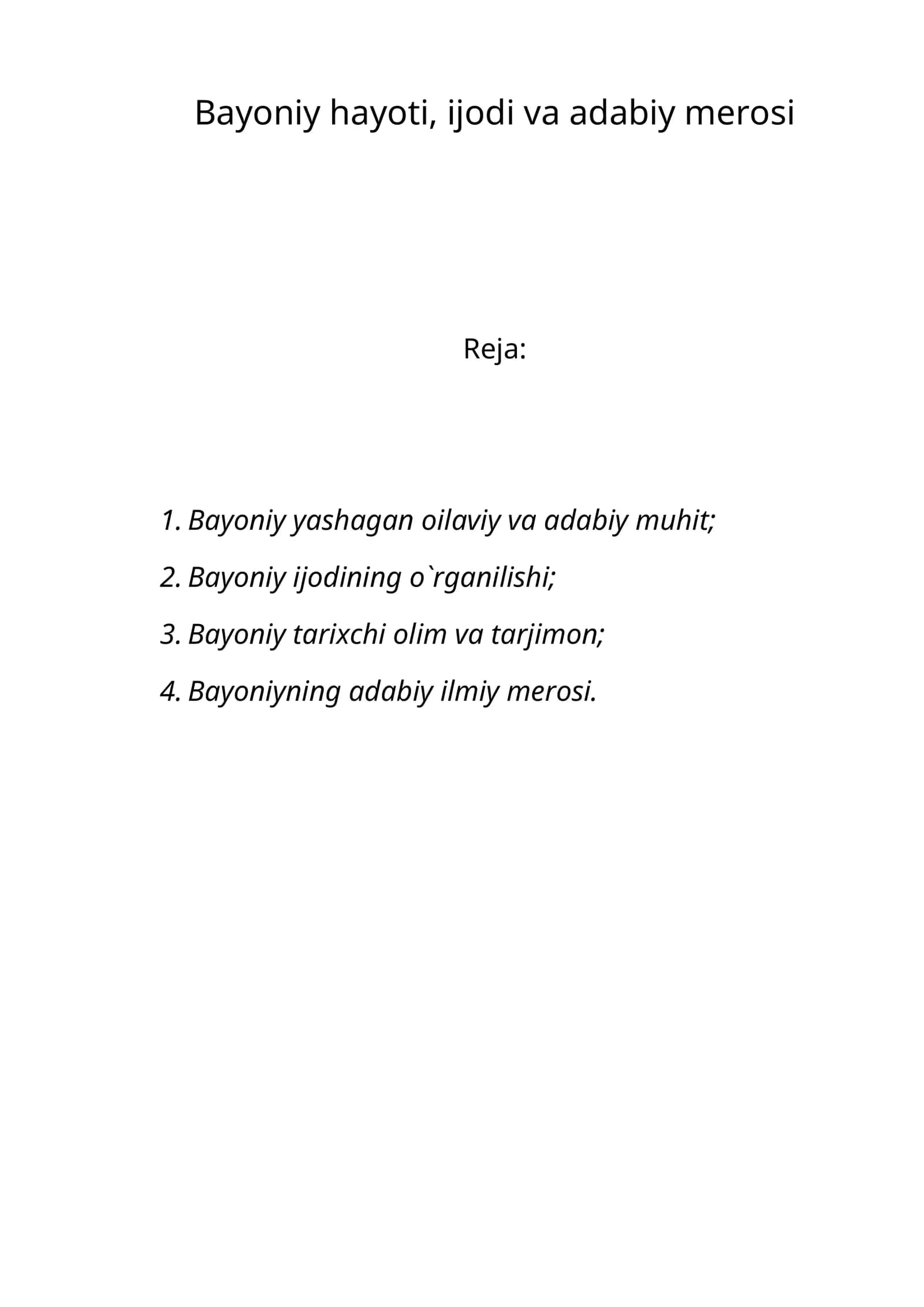 Bayoniy hayoti, ijodi va adabiy merosi