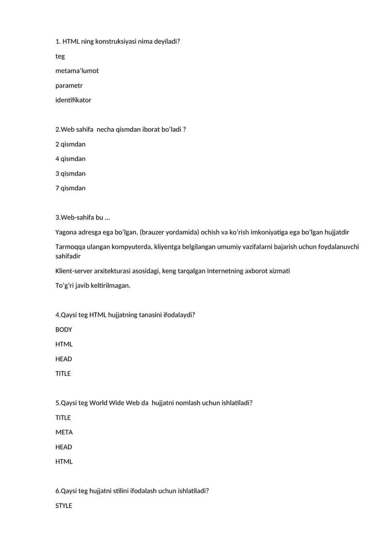 HTML bo'yicha test savollari