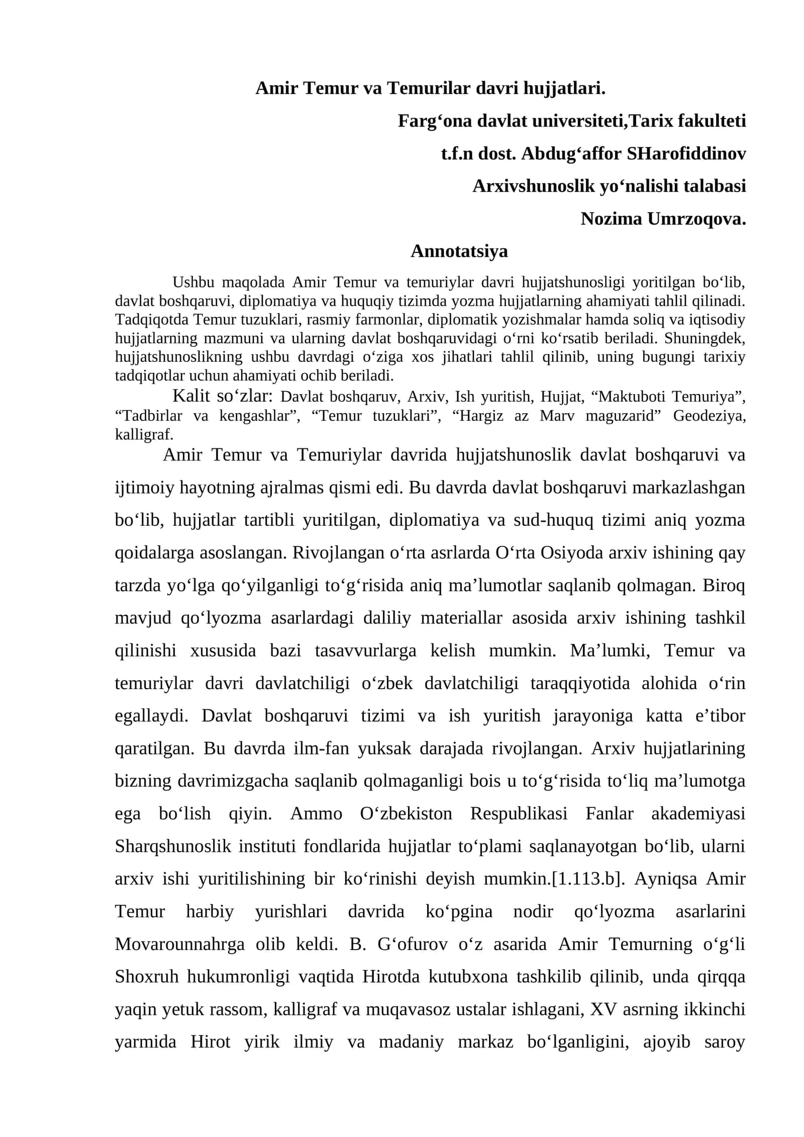 Amir Temur va Temurilar davri hujjatlari