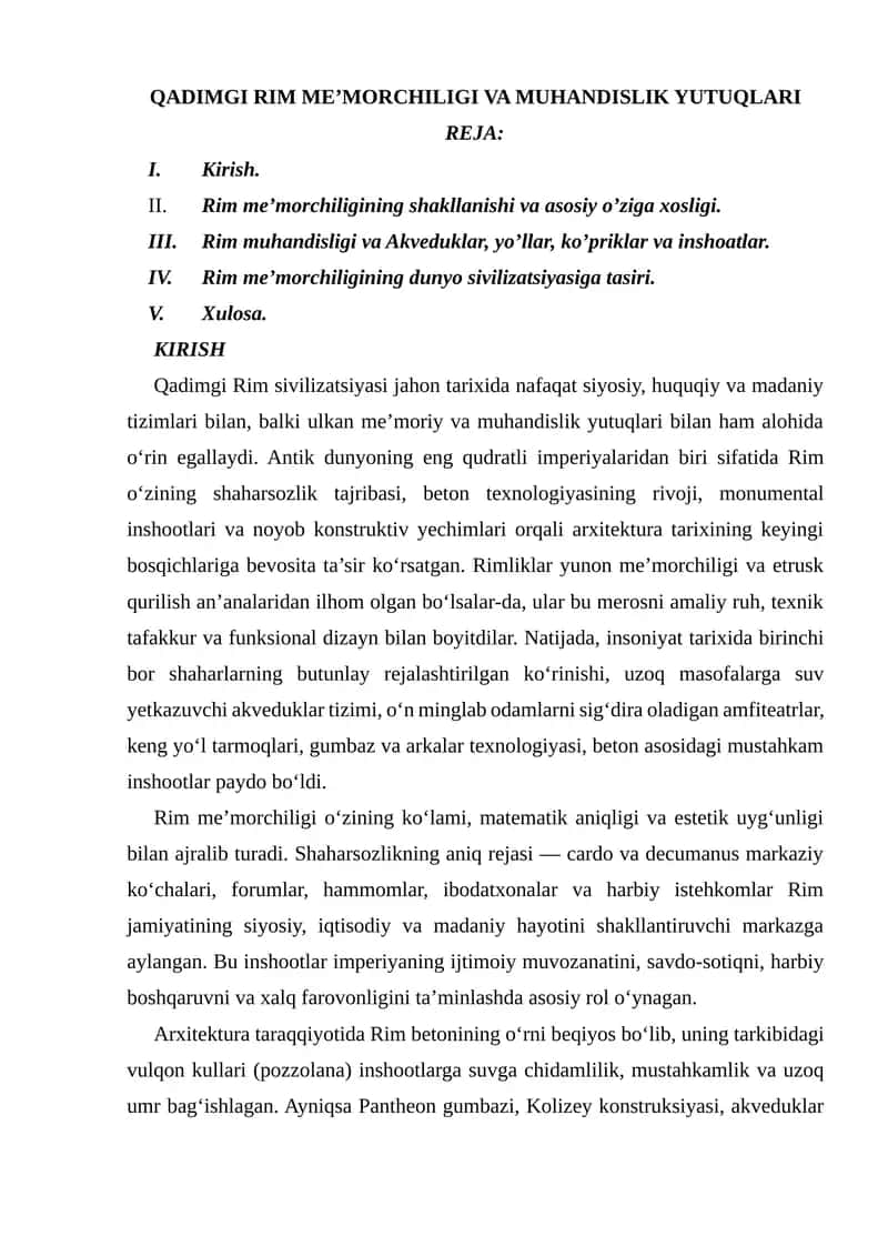 QADIMGI RIM ME’MORCHILIGI VA MUHANDISLIK YUTUQLARI
