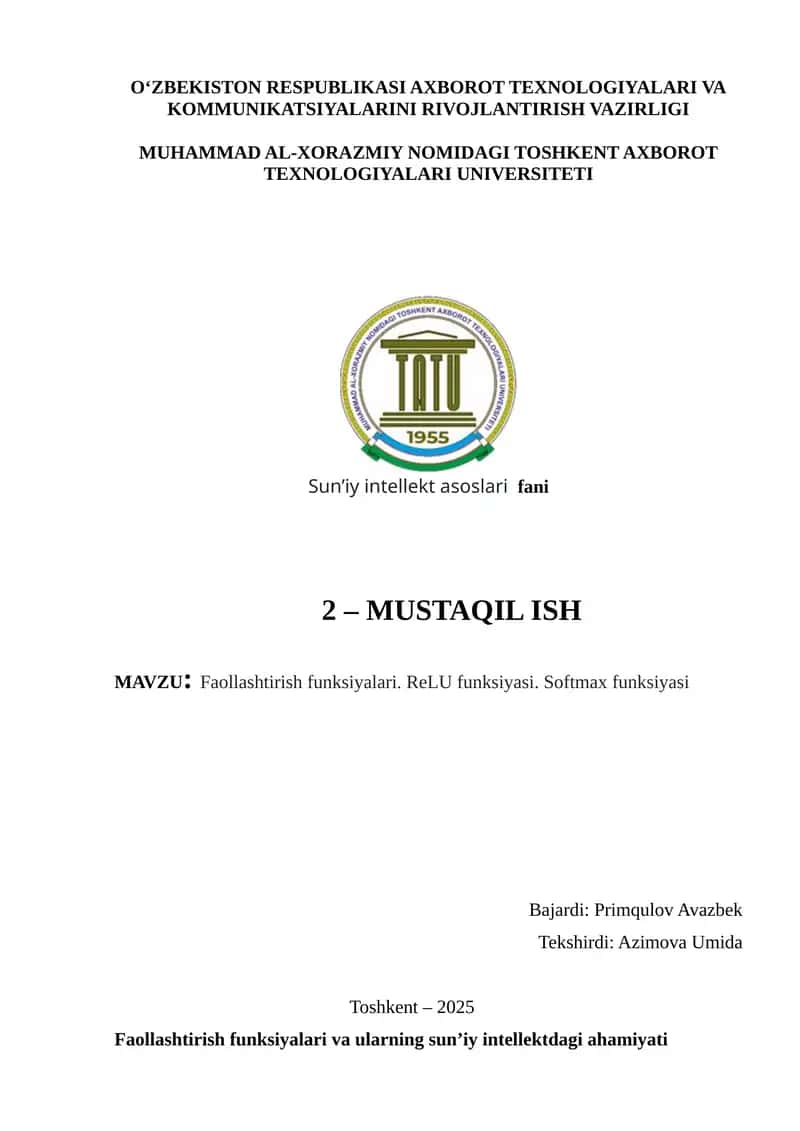 : Faollashtirish funksiyalari. ReLU funksiyasi. Softmax funksiyasi