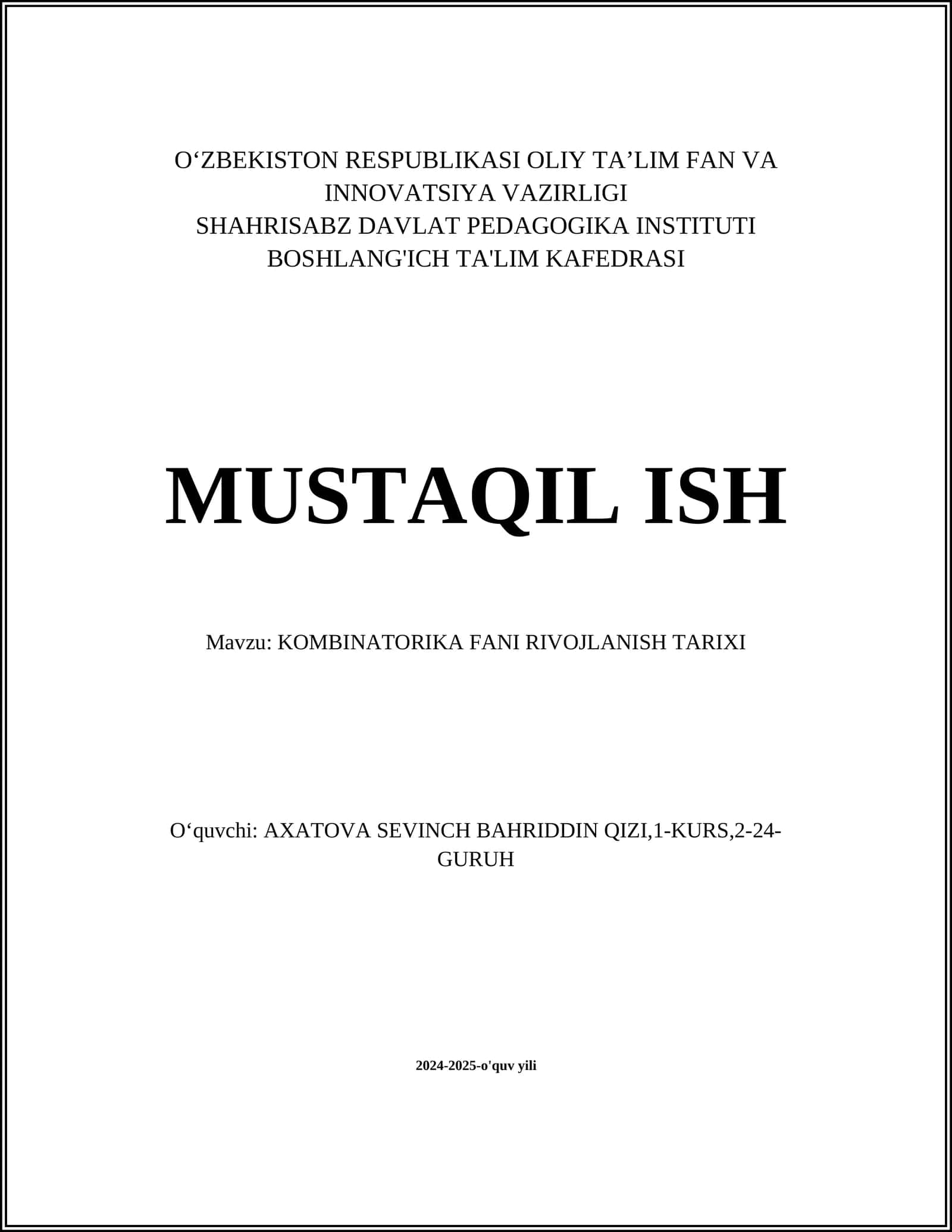 KOMBINATORIKA FANI RIVOJLANISH TARIXI