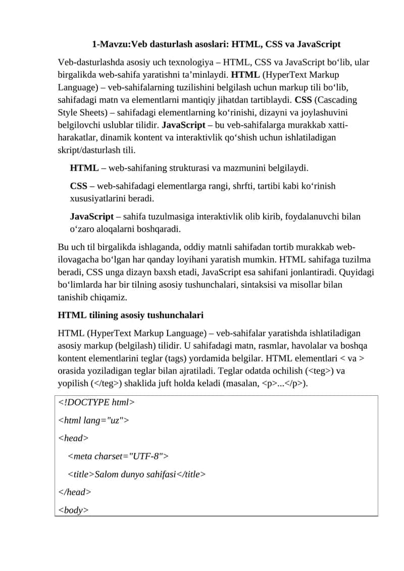 Veb dasturlash asoslari: HTML, CSS va JavaScript