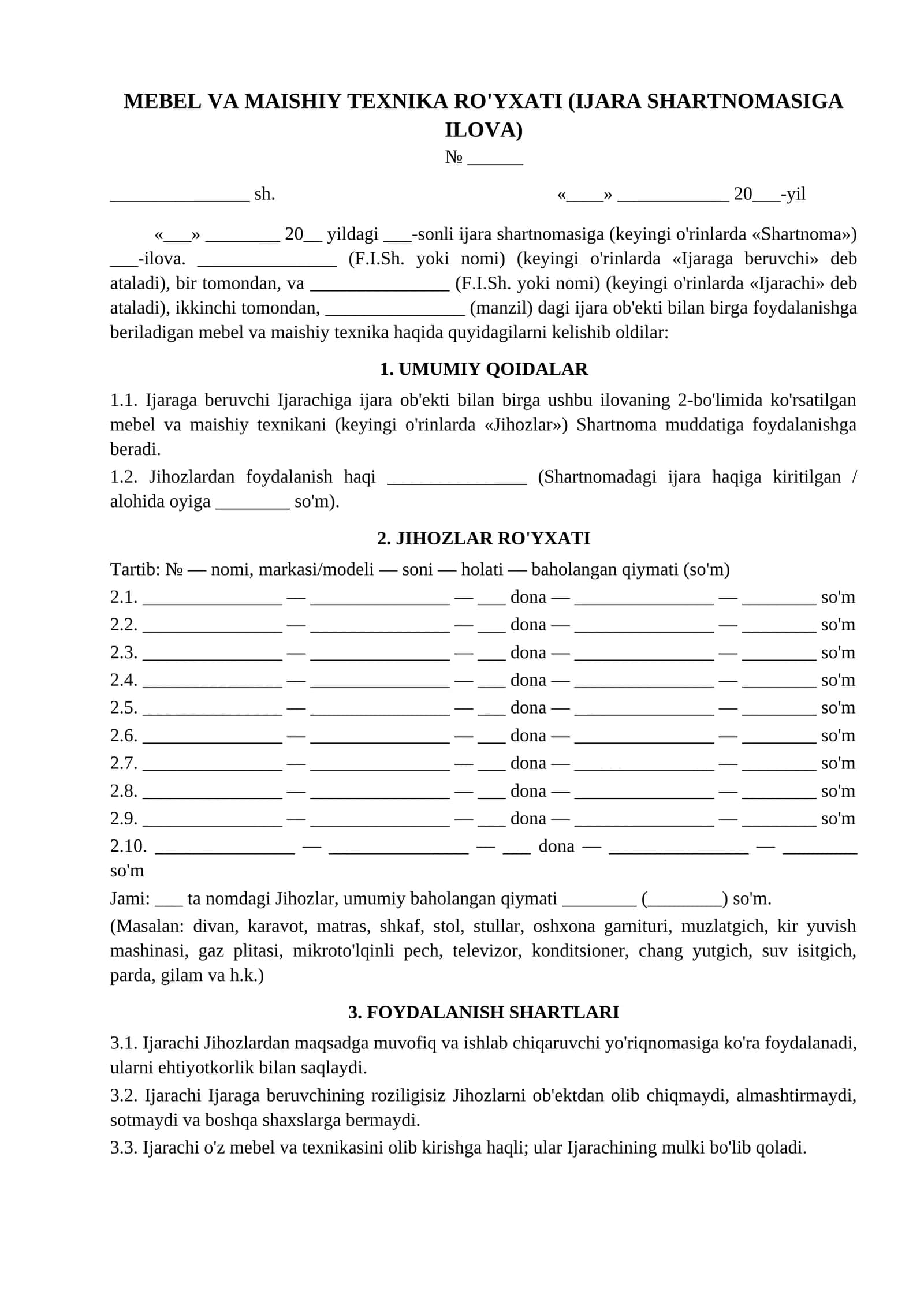 Mebel va maishiy texnika bilan ijaraga berish ilovasi jihozlar royxati namunasi