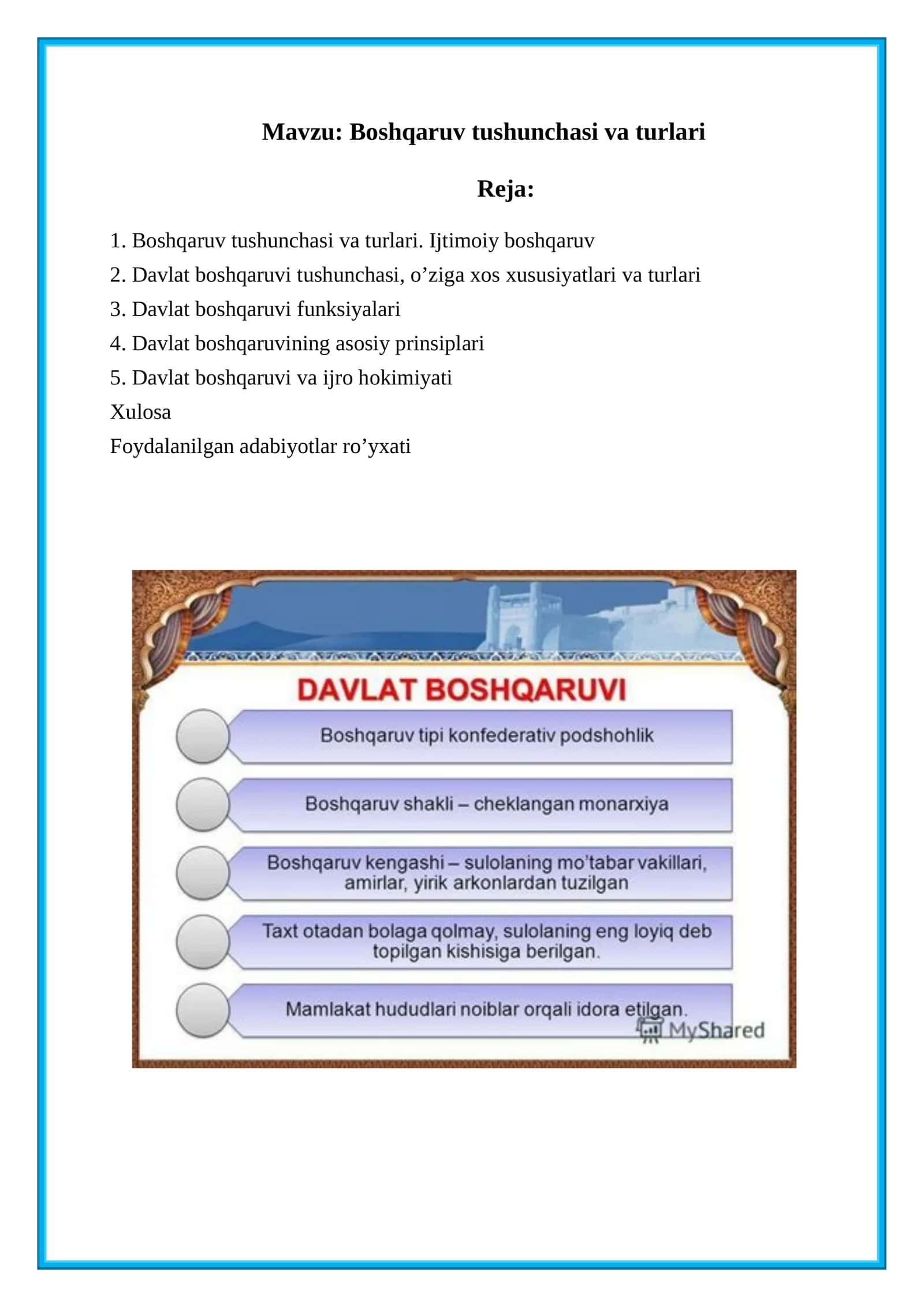 Davlat boshqaruvi tushunchasi, o’ziga xos xususiyatlari va turlari