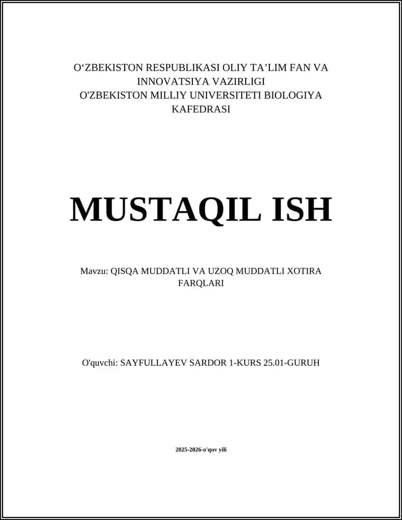 QISQA MUDDATLI VA UZOQ MUDDATLI XOTIRA FARQLARI