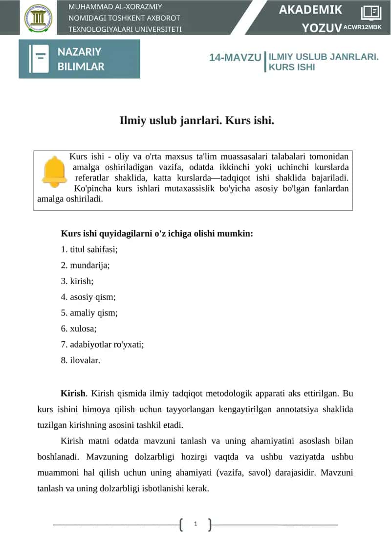 ILMIY USLUB JANRLARI. KURS ISHI