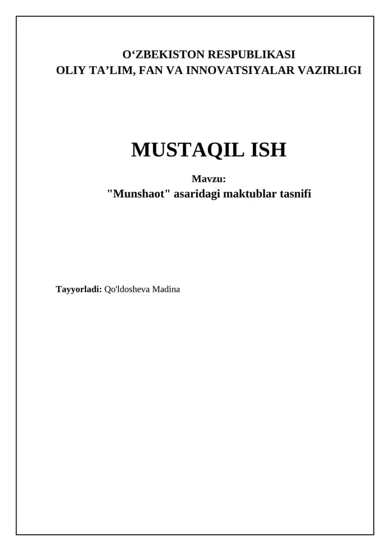 "Munshaot" asaridagi maktublar tasnifi