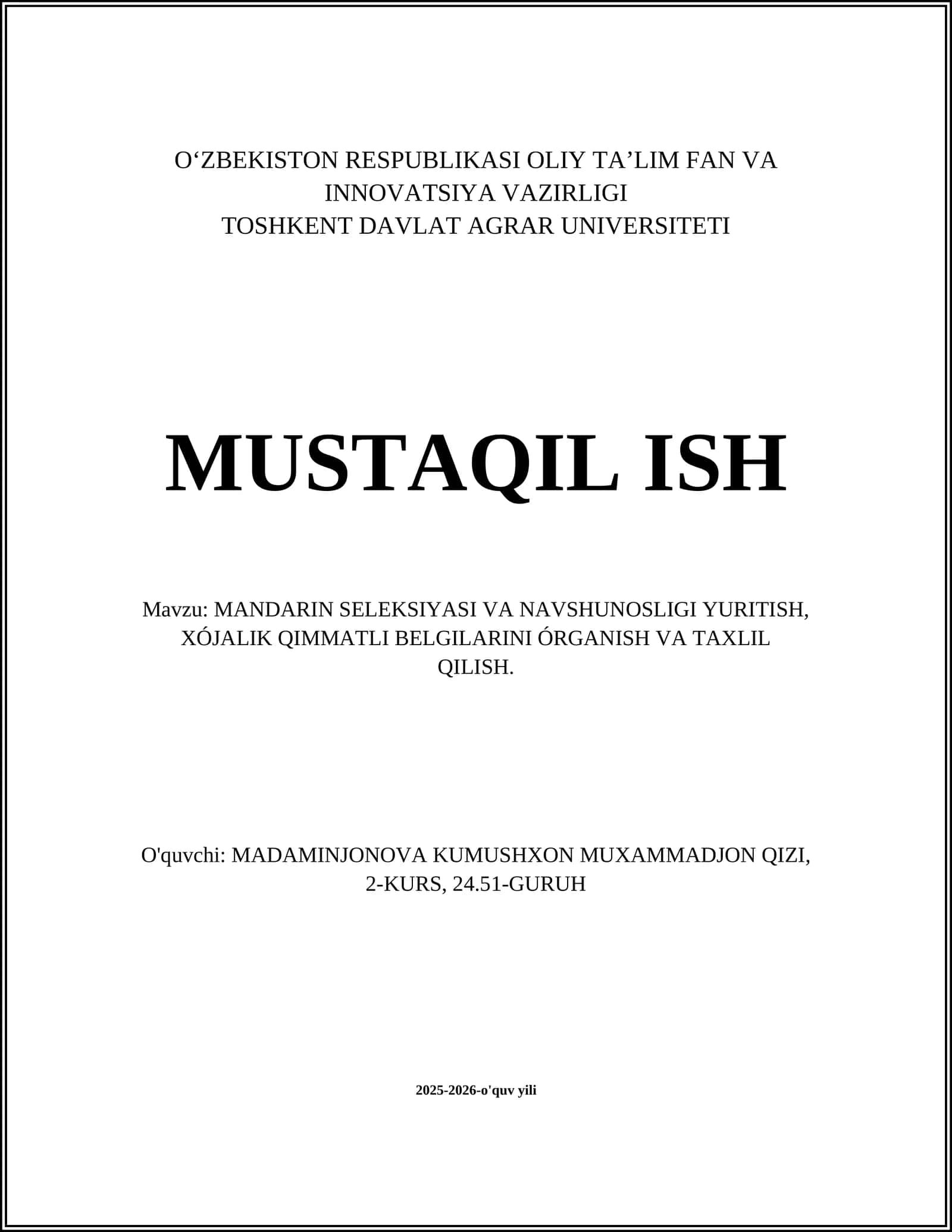 MANDARIN SELEKSIYASI VA NAVSHUNOSLIGI YURITISH