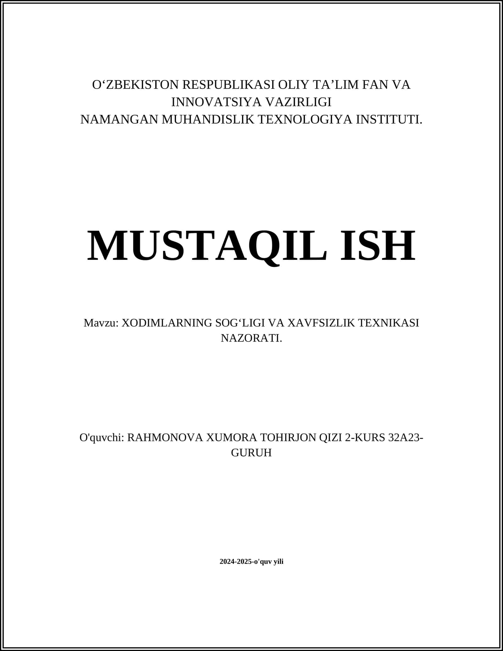 XODIMLARNING SOGʻLIGI VA XAVFSIZLIK TEXNIKASI NAZORATI