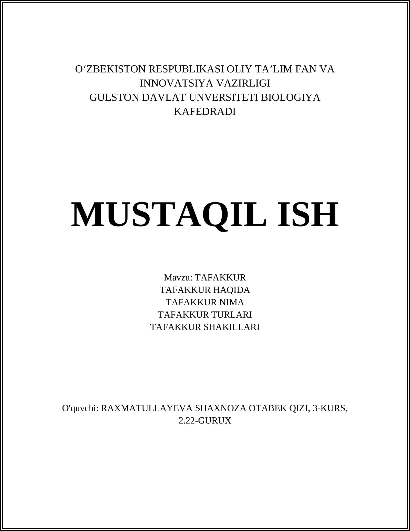 MUSTAQIL ISH Mavzu: TAFAKKUR