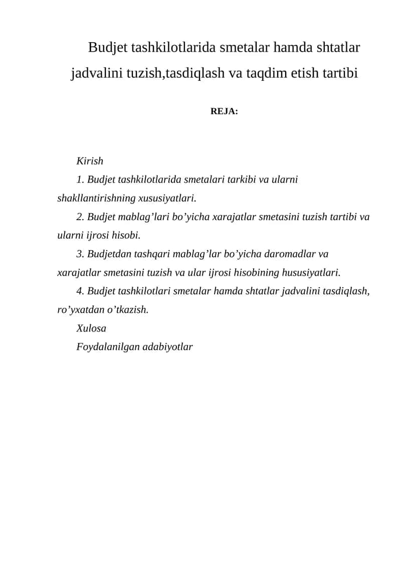 Budjet tashkilotlarida smetalari va shtatlar jadvalini tuzish