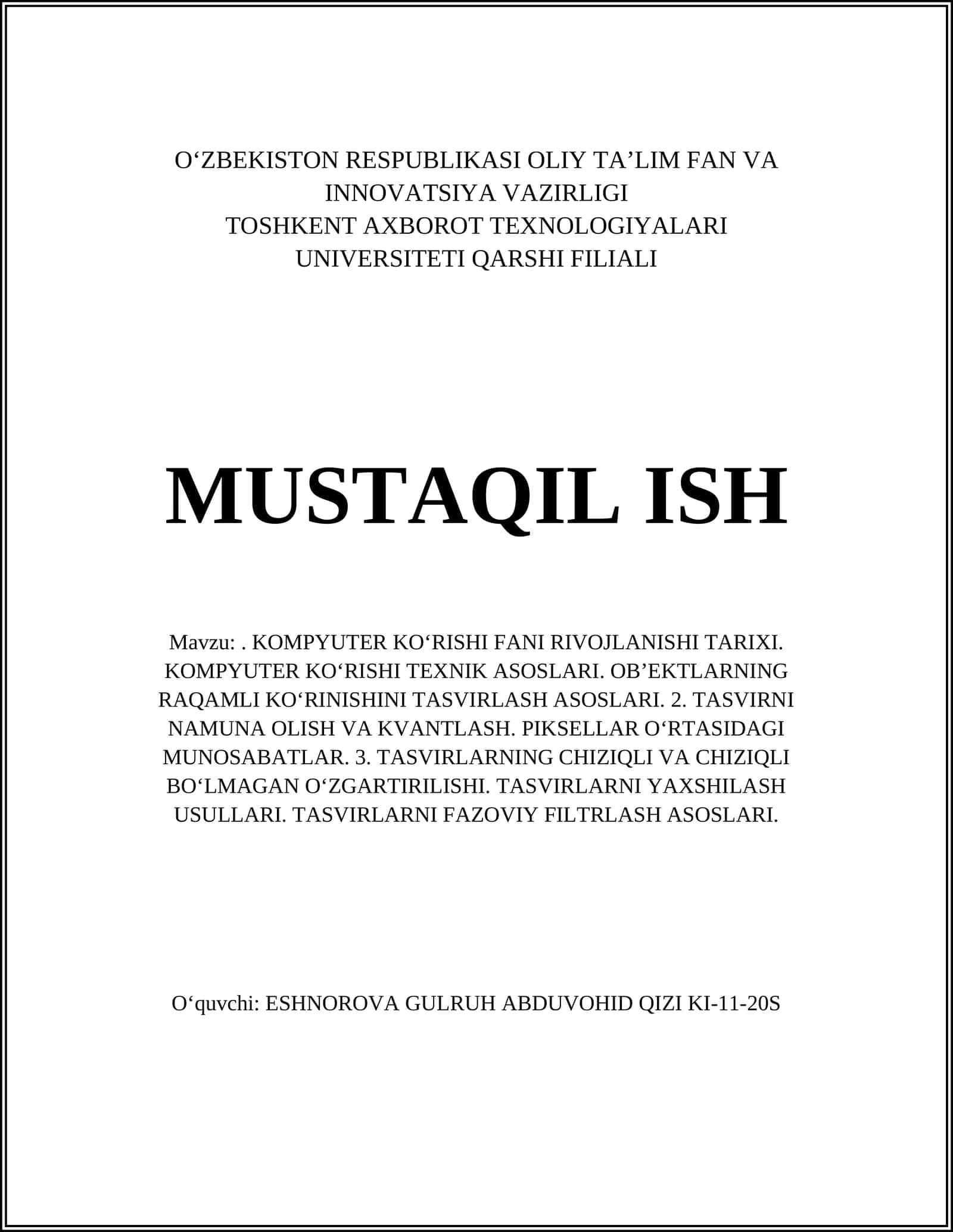 KOMPYUTER KO‘RISHI FANI RIVOJLANISHI TARIXI