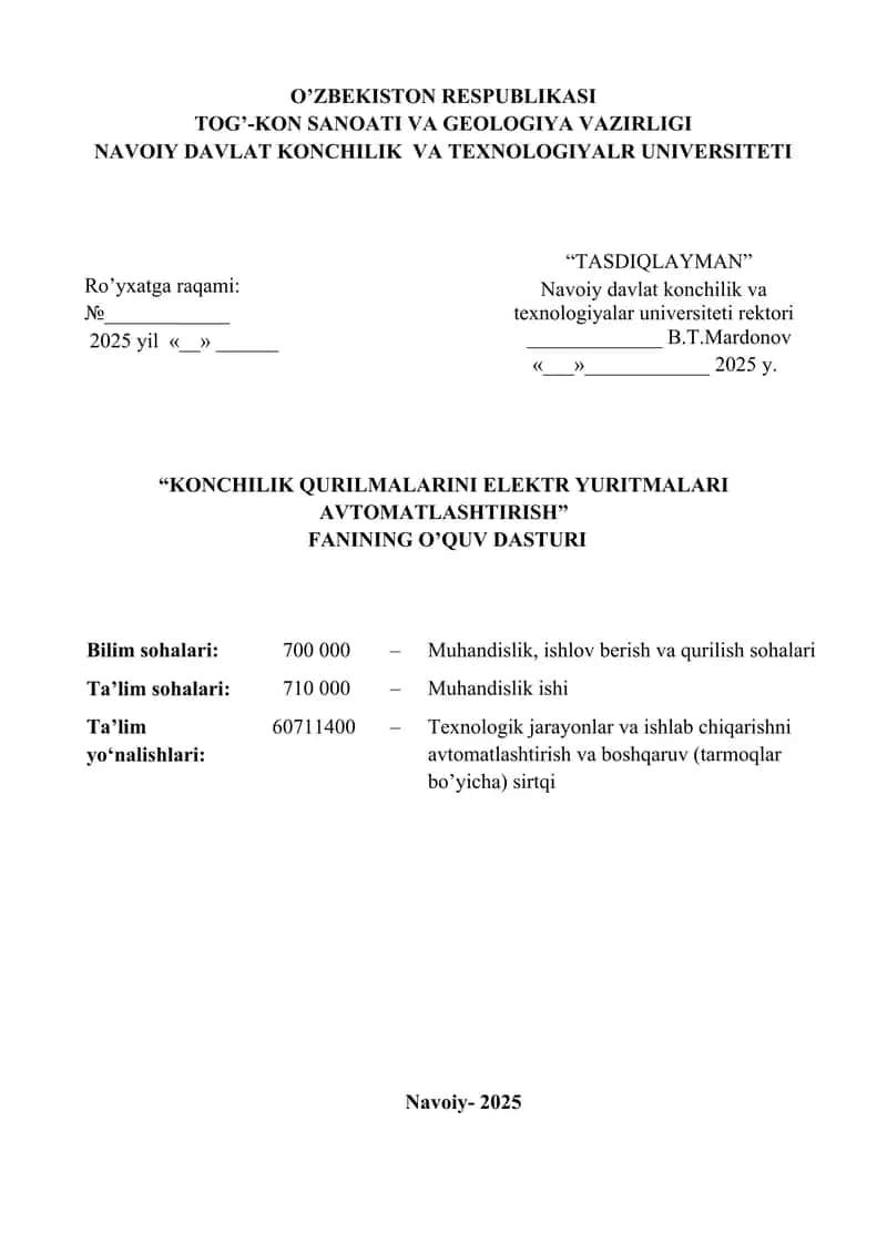 Konchilik qurilmalarini elektr yuritmalari avtomatlashtirish