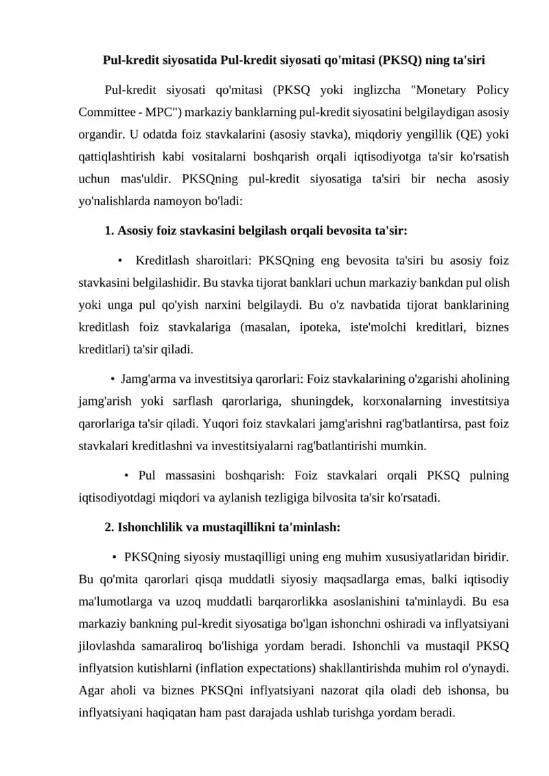 Pul-kredit siyosatida Pul-kredit siyosati qo'mitasi (PKSQ) ning ta'siri
