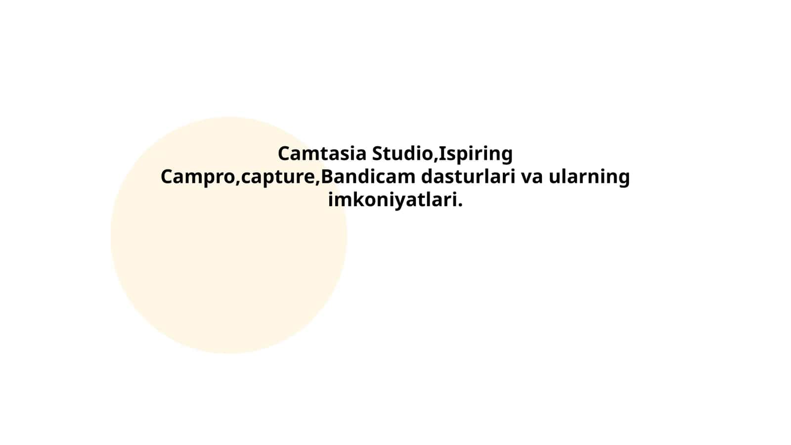 Camtasia Studio, Ispiring Campro, Bandicam dasturlari va ularning imkoniyatlari