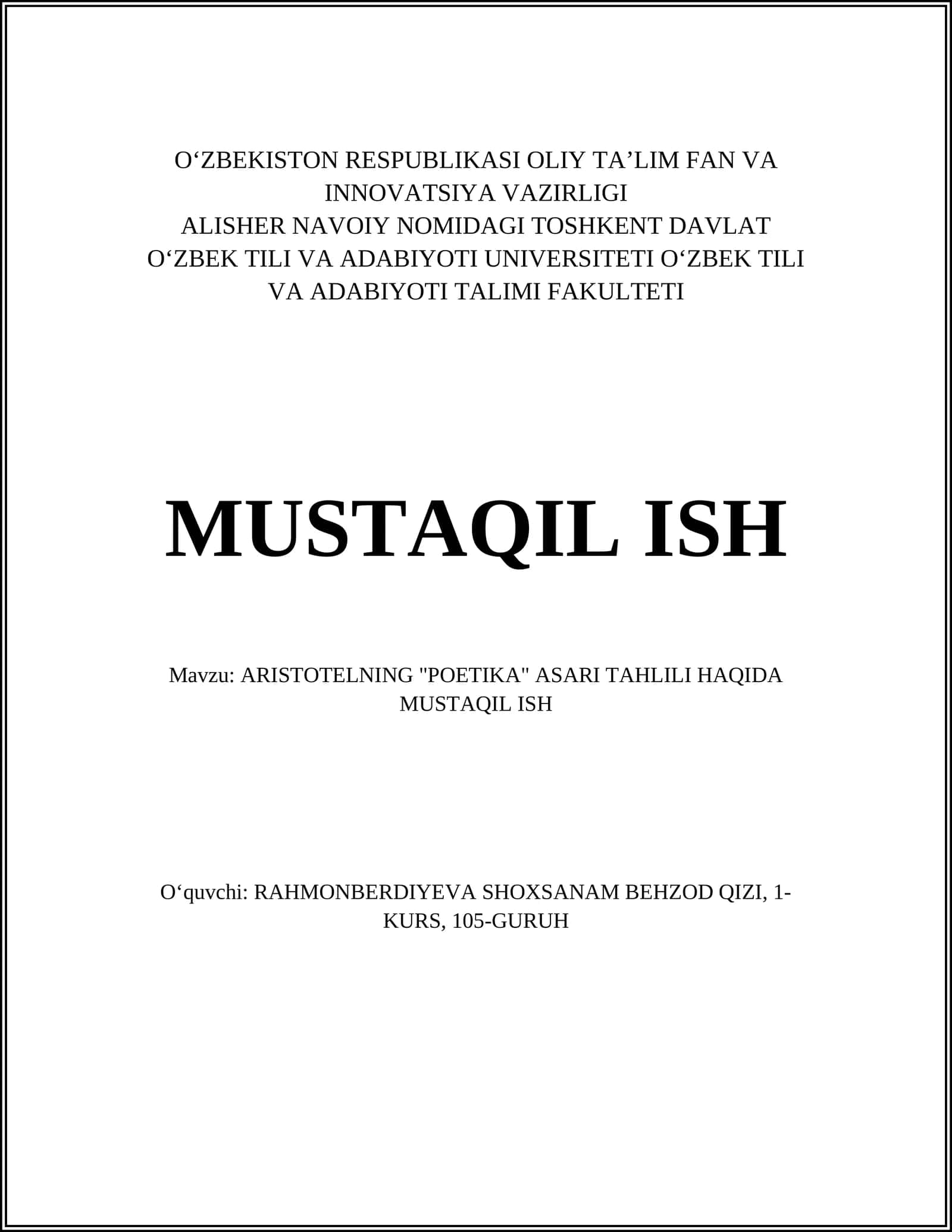 ARISTOTELNING "POETIKA" ASARI TAHLILI