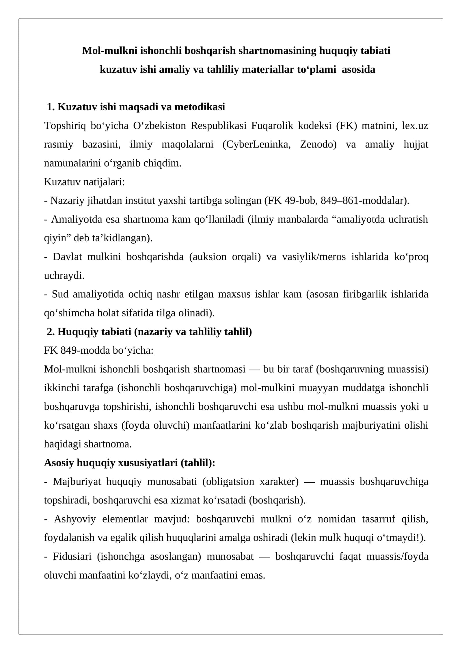 Mol-mulkni ishonchli boshqarish shartnomasi