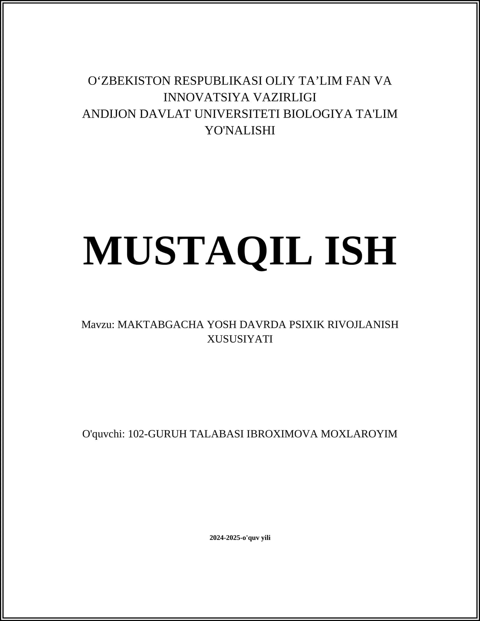 MAKTABGACHA YOSH DAVRDA PSIXIK RIVOJLANISH XUSUSIYATI