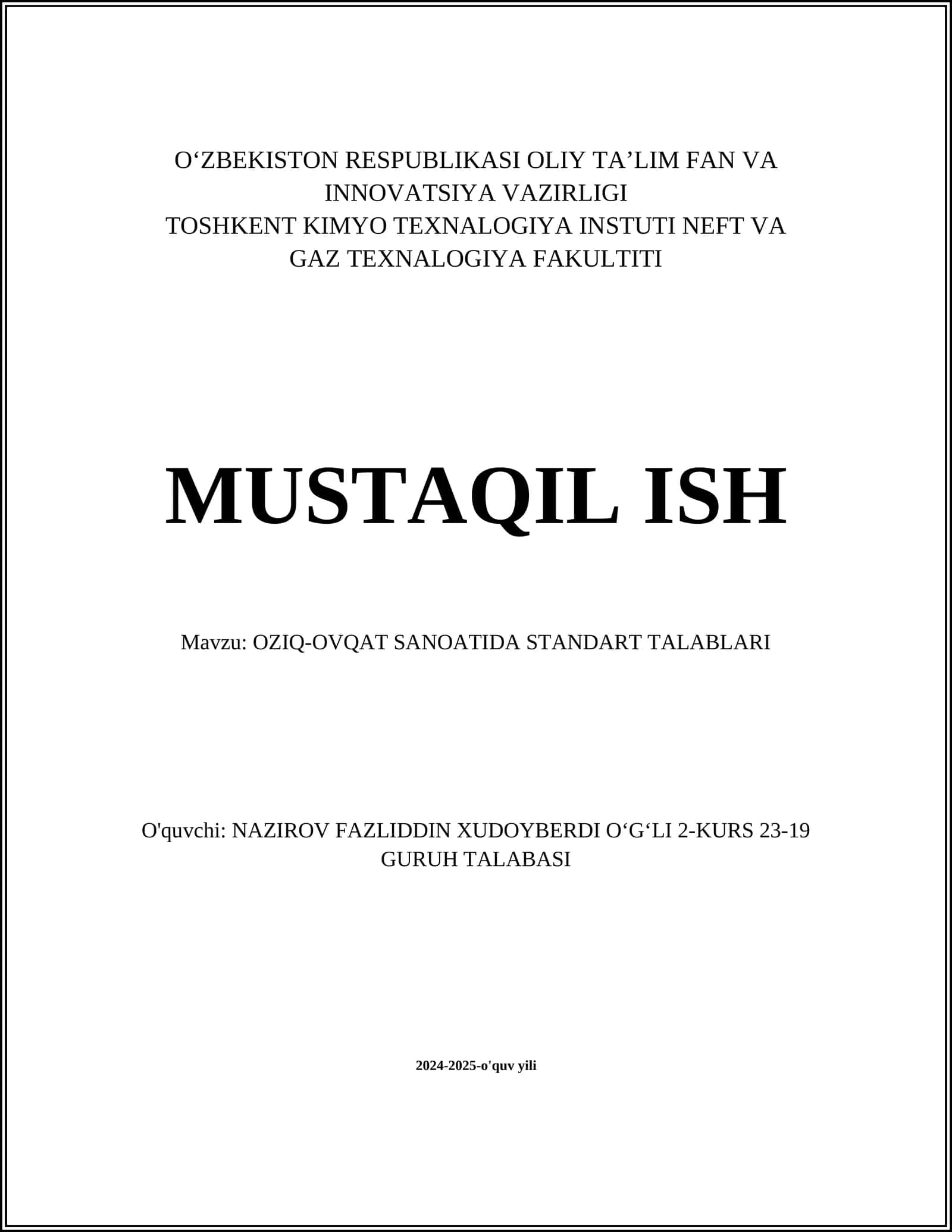 Oziq-ovqat sanoatida standart talablari