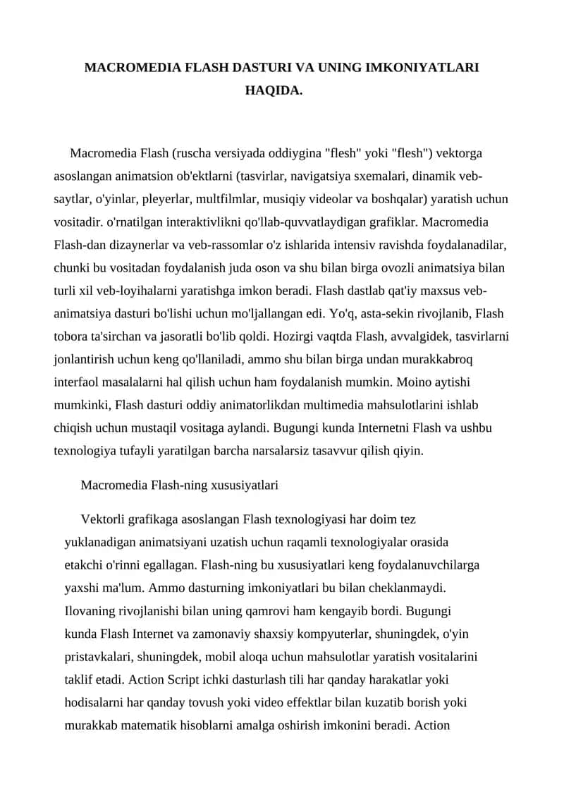 MACROMEDIA FLASH DASTURI VA UNING IMKONIYATLARI