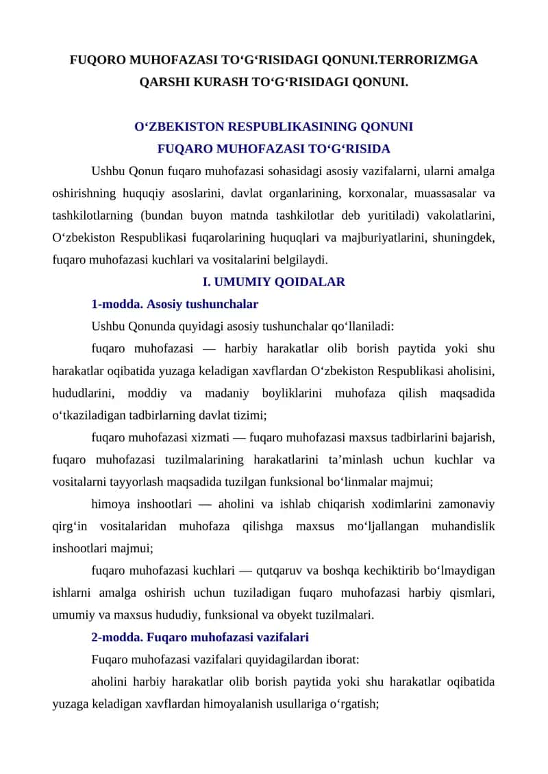FUQORO MUHOFAZASI TO‘G‘RISIDAGI QONUNI