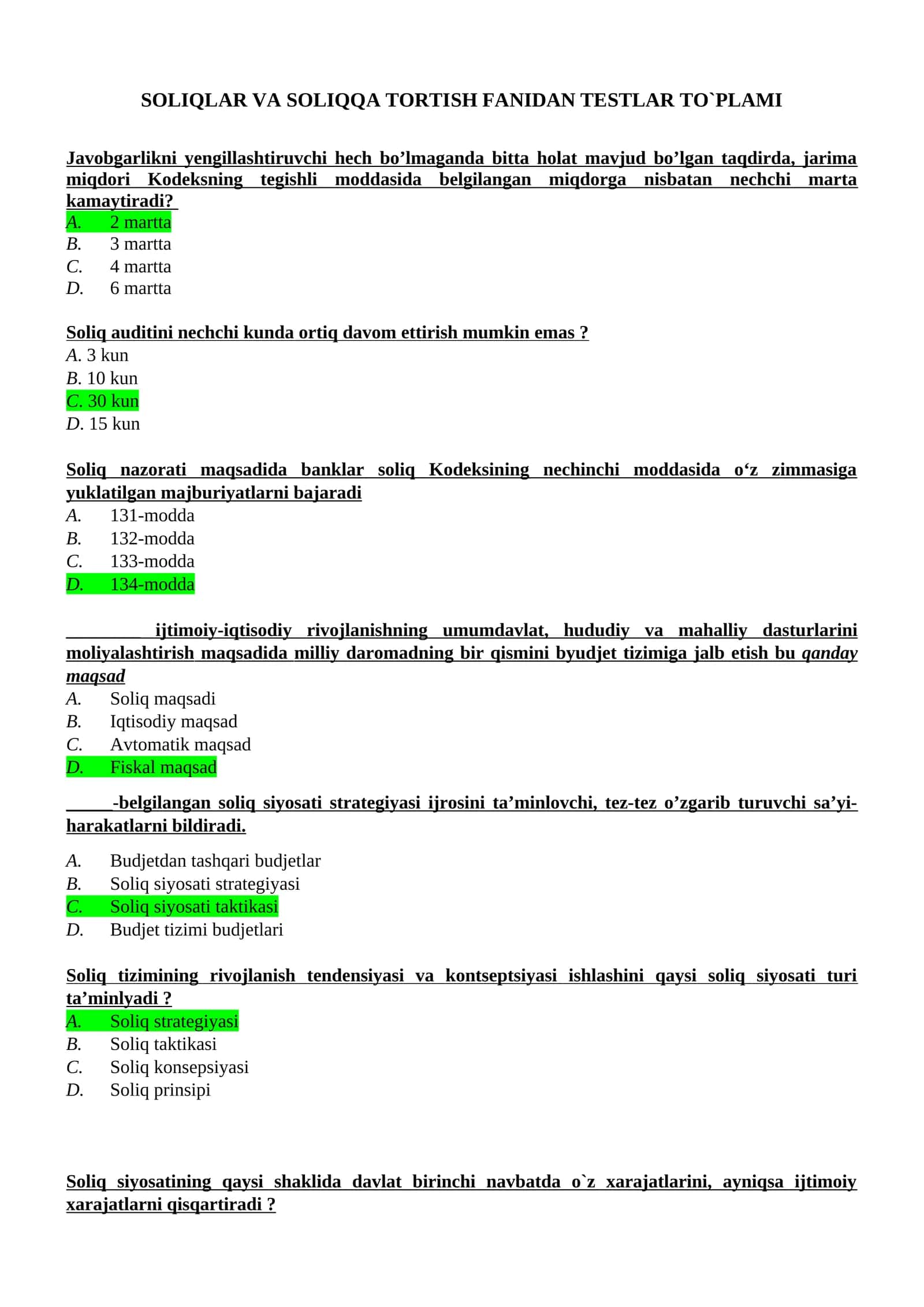 SOLIQLAR VA SOLIQQA TORTISH FANIDAN TESTLAR TO`PLAMI