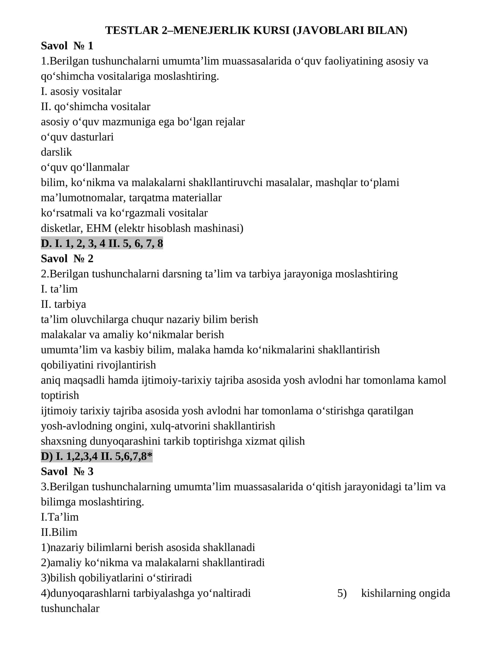 ТESTLAR 2–MENEJERLIK KURSI (JAVOBLARI BILAN)