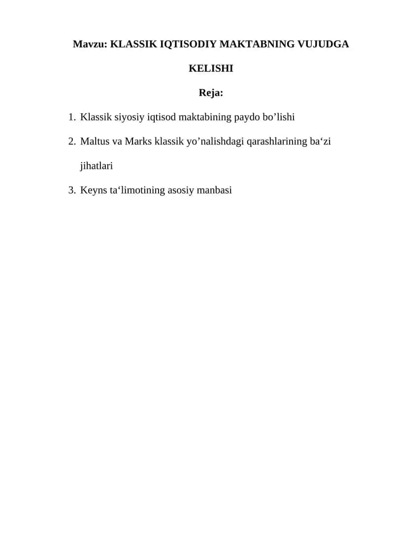 KLASSIK IQTISODIY MAKTABNING VUJUDGA KELISHI