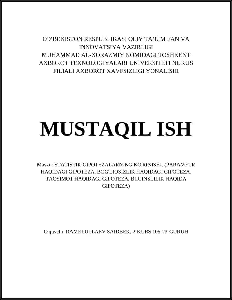 STATISTIK GIPOTEZALARNING KO'RINISHI