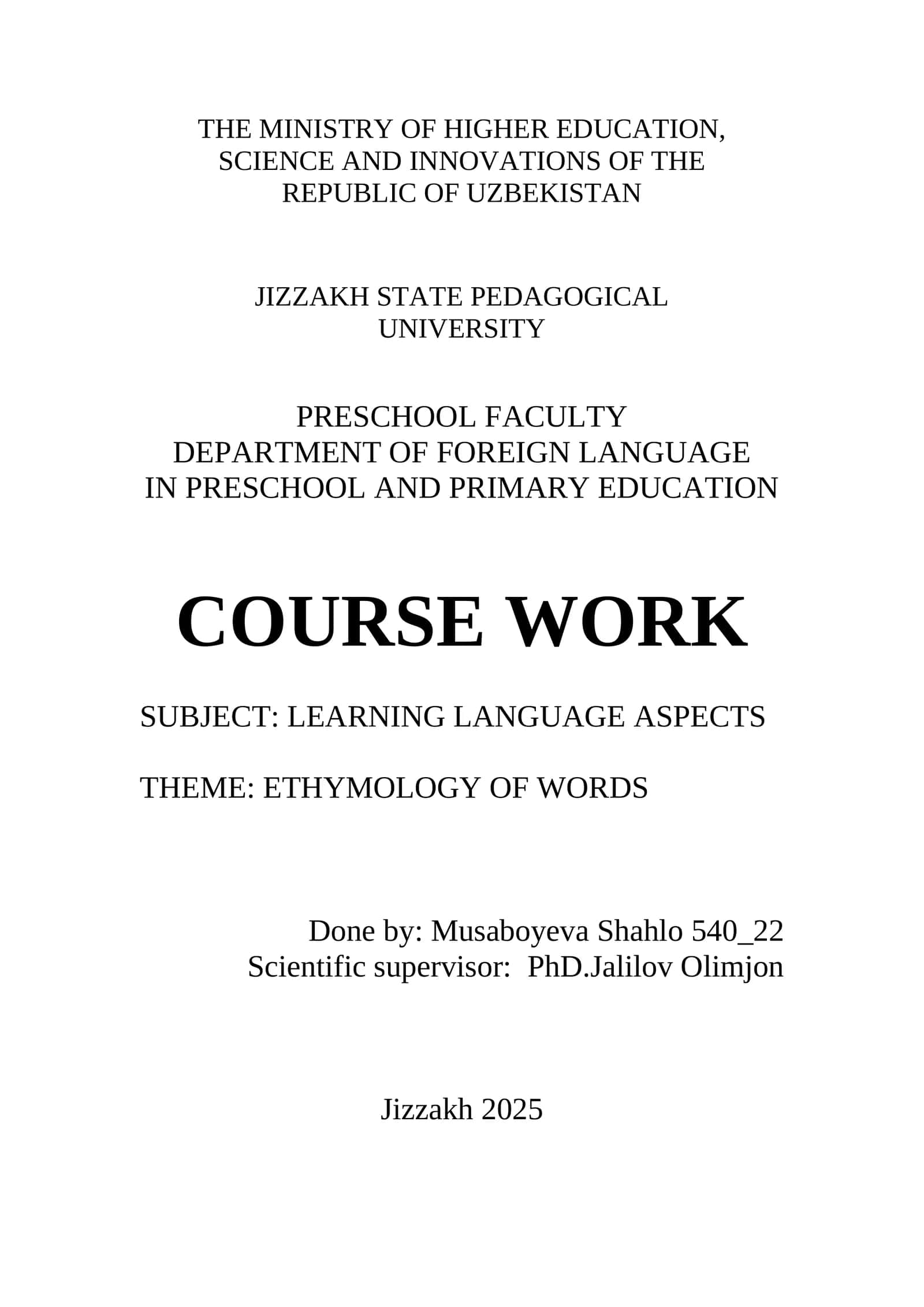 COURSE WORK: LEARNING LANGUAGE ASPECTS