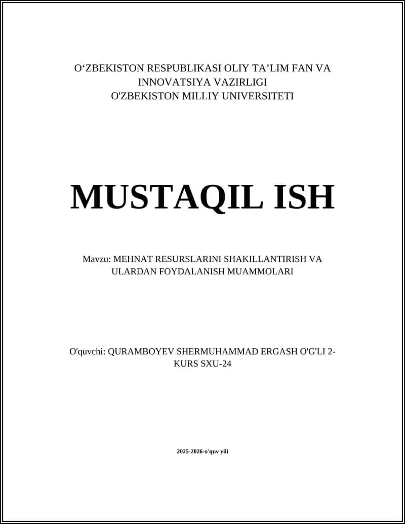 MEHNAT RESURSLARINI SHAKILLANTIRISH VA ULARDAN FOYDALANISH MUAMMOLARI