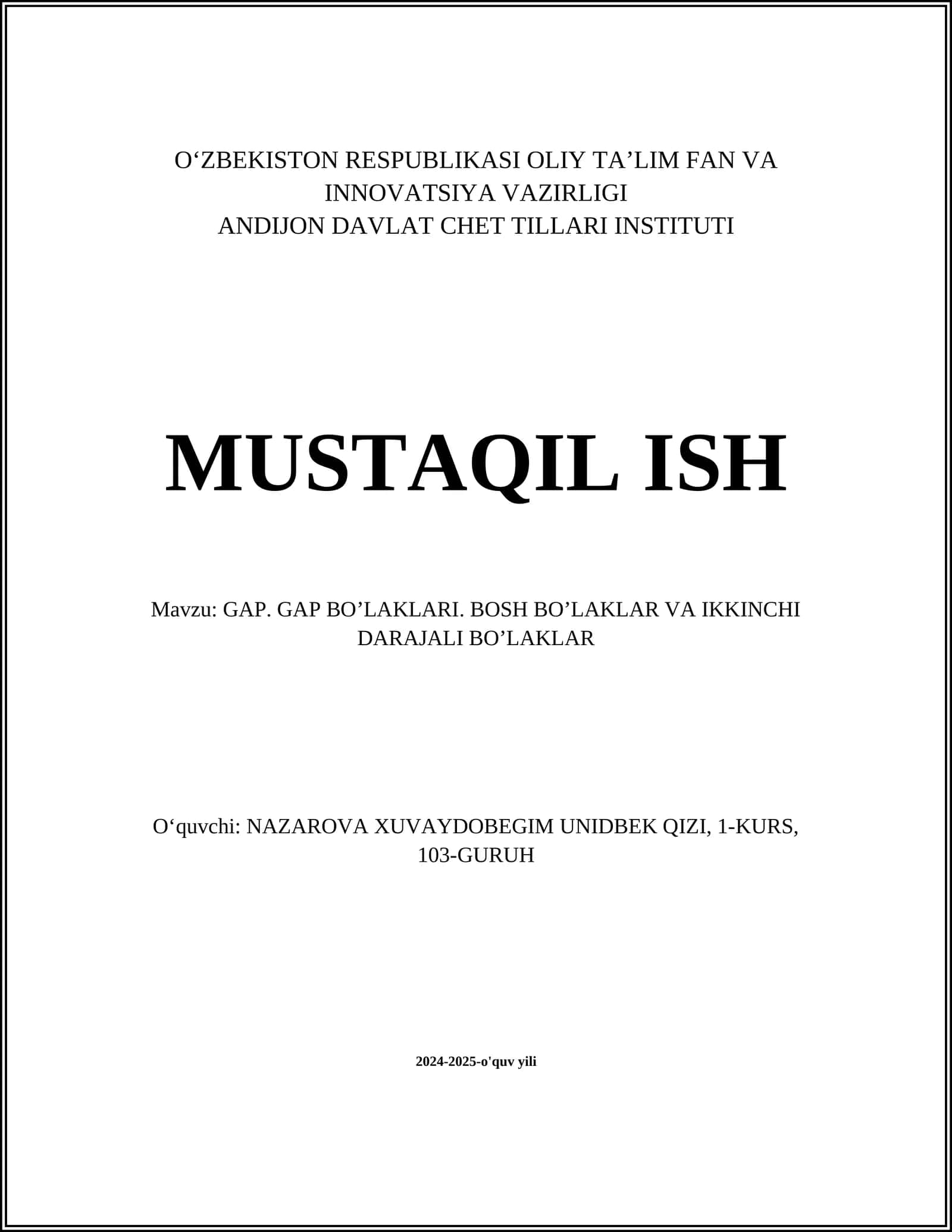 GAP. GAP BO’LAKLARI. BOSH BO’LAKLAR VA IKKINCHI DARAJALI BO’LAKLAR