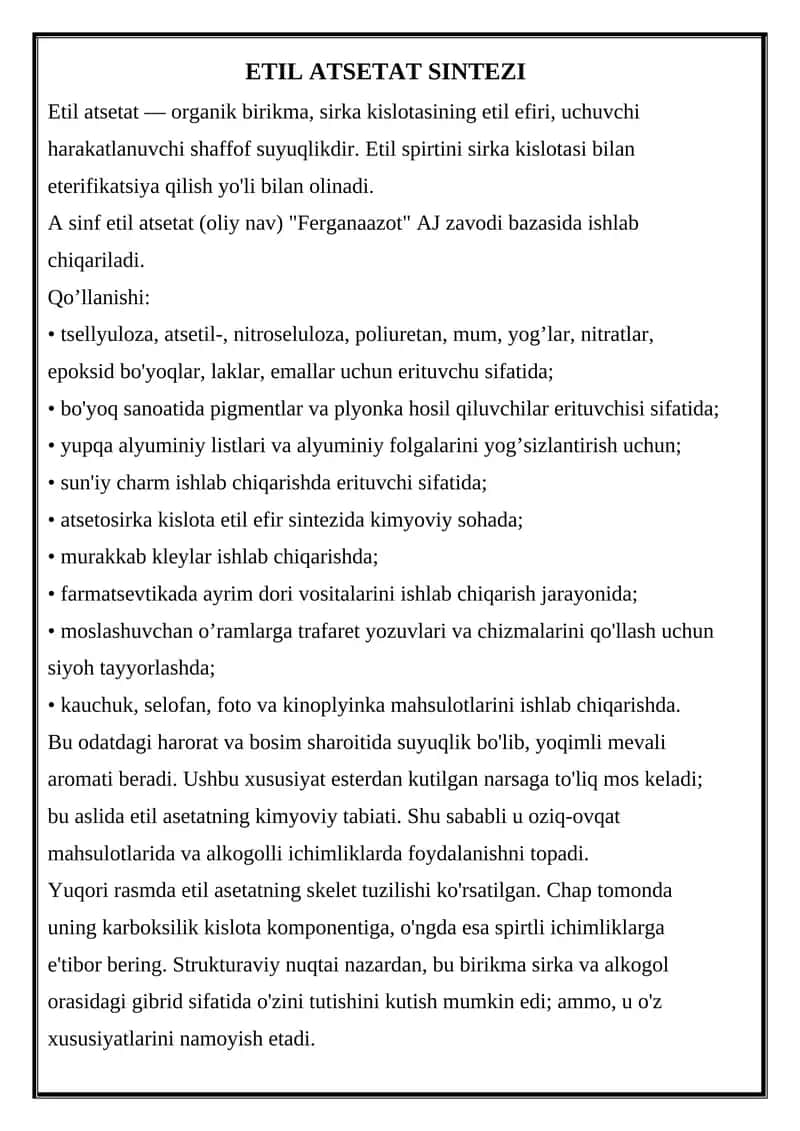 Etil Atsetat Sintezi