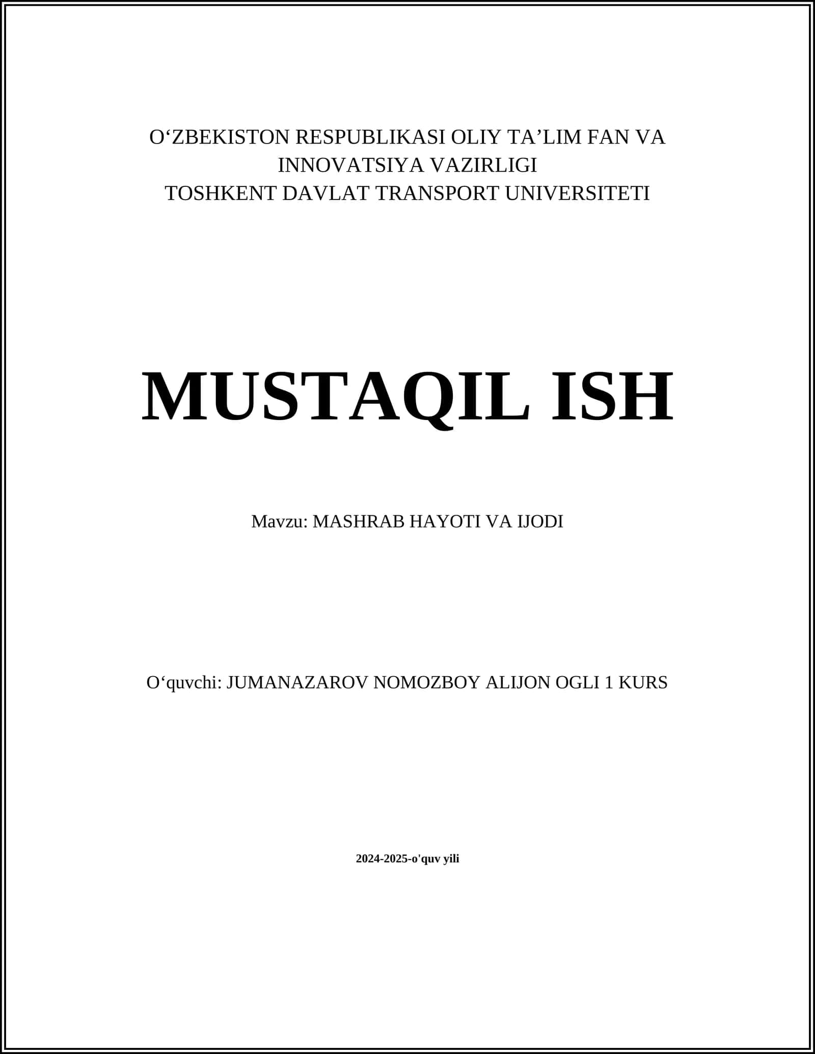 MASHRAB HAYOTI VA IJODI