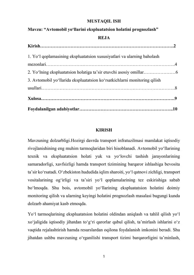 Avtomobil yo‘llarida ekspluatatsion ko‘rsatkichlarni monitoring qilish usullari