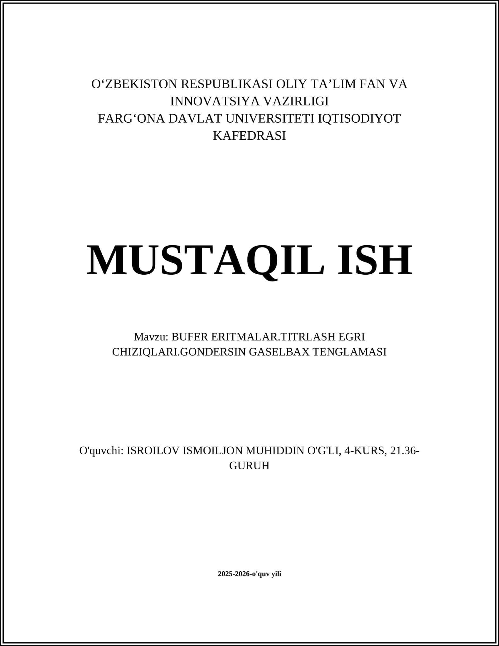 BUFER ERITMALAR.TITRLASH EGRI CHIZIQLARI.GONDERSIN GASELBAX TENGLAMASI
