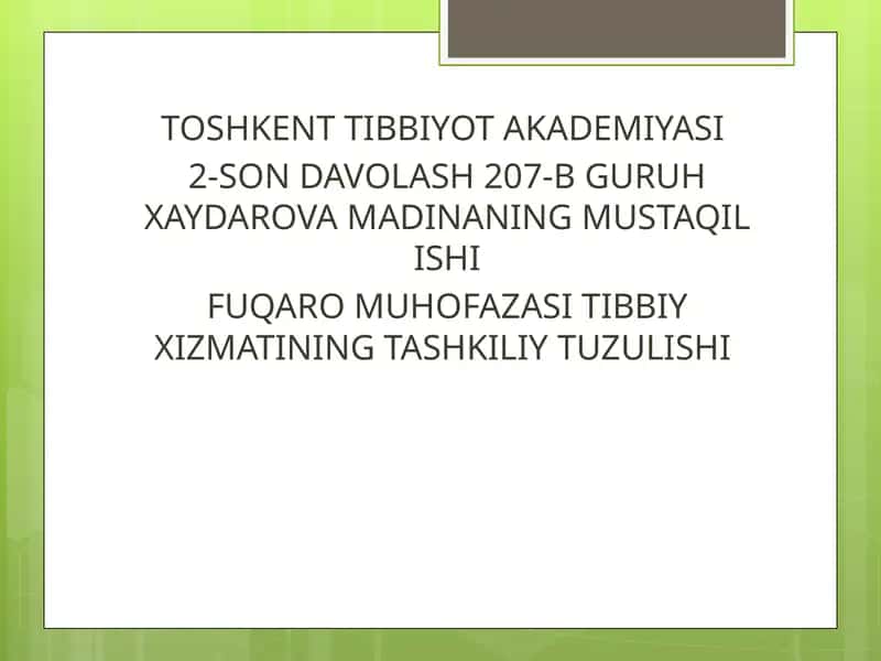 FUQAROMUHOFAZASITIBBIY XIZMATINING TASHKILIY TUZULISHI