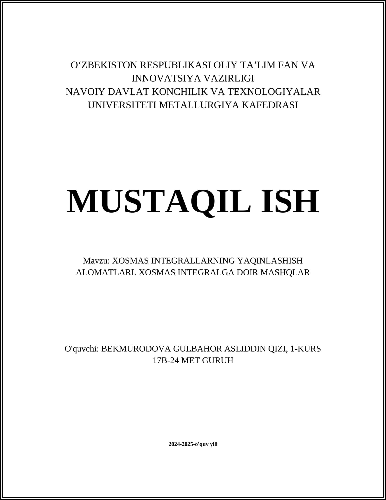 Xosmas integral tushunchasi