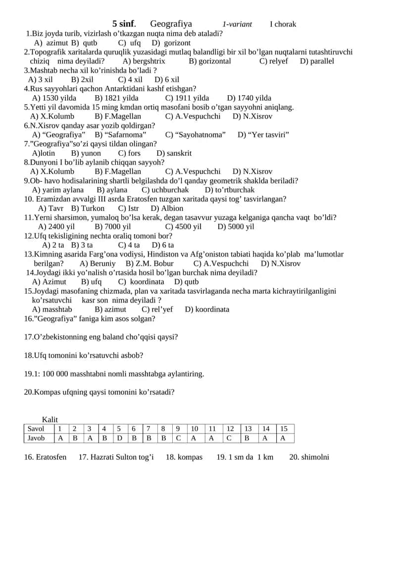 5 sinf. Geografiya 1-variant I chorak