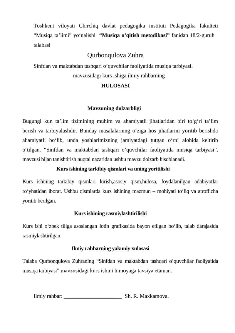 “Musiqa o’qitish metodikasi” fanidan 18/2-guruh talabasi